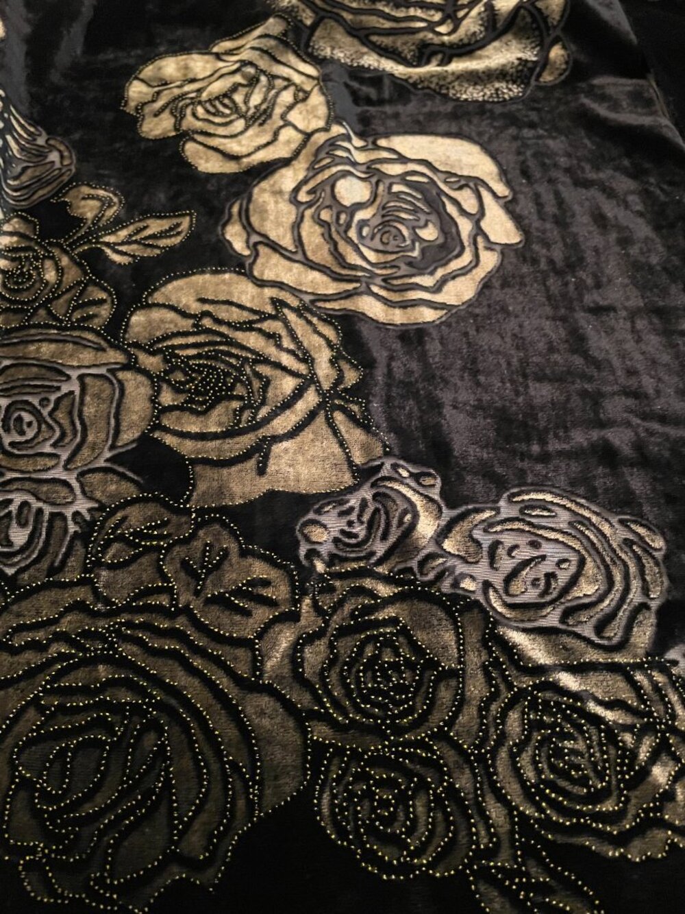 Black Velvet Gold Rose Burnout Beaded Fringe Shawl Wrap Evening Scarf Floral - Picture 3 of 3